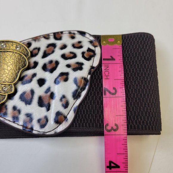 Butterfly Buckle Stretch Belt Animal Print Antique Gold Tone Buckle Brown Cream - Picture 7 of 16